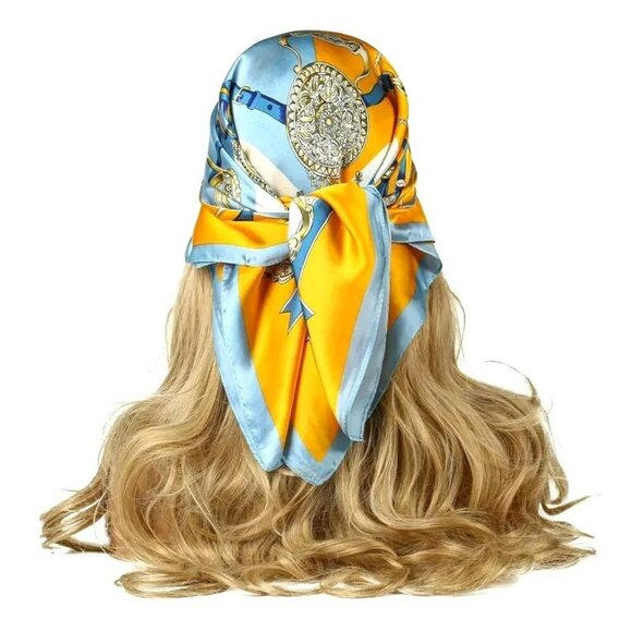 NWT - Elegant Orange-Blue Altar Print Square Scarf (SKU 0281) - Picture 3 of 8